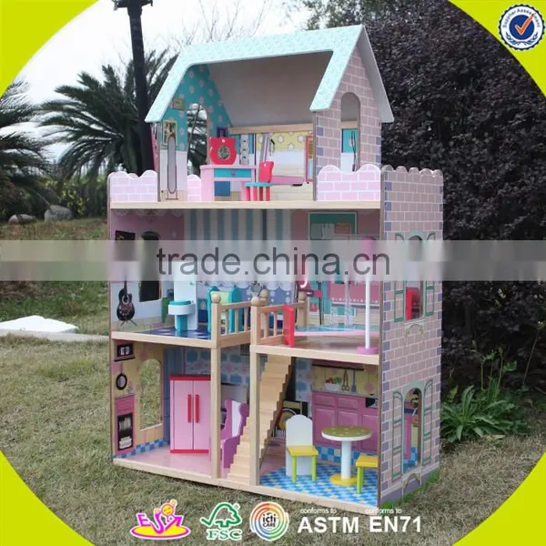 Wholesale Lovely Role Play Kids Wooden Dollhouse Delicate Style Children's Wooden Pink Dollhouse for Sale W06A032 photo-6