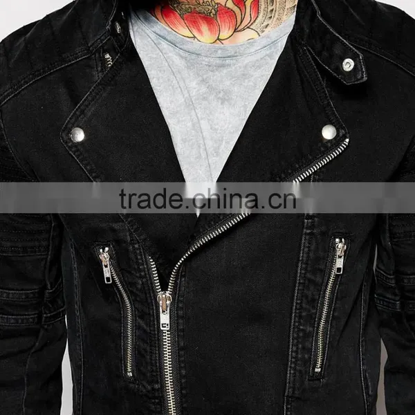 Black Plain Fashion Cool Denim Jacket Mens With Multi Zippers photo-3