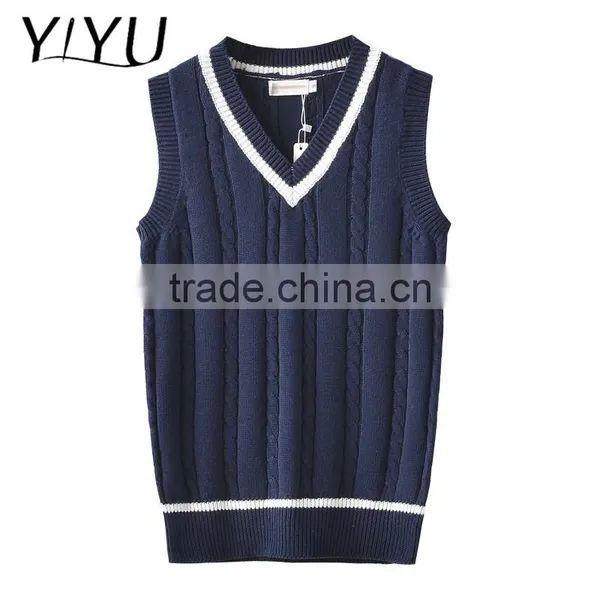Custom Boy School Uniform Dark Blue V-neck Cable Knit Vest Sweater