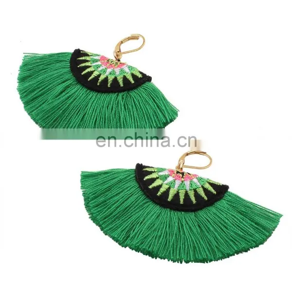 Tribal Green Embroidered Tassel Earrings photo-3