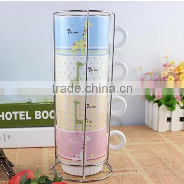 Porcelain 4 Stackable Coffee Mugs With Metallic Rack Set photo-4