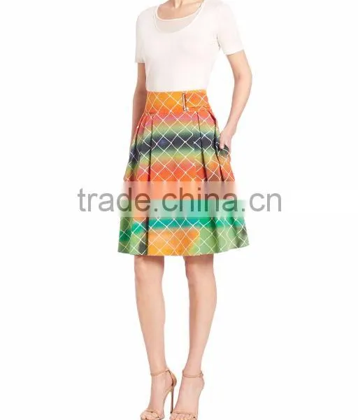 2016 Express Multi Color A-line High-Rise Waist Pleated Cotton Net-Print Midi Knee Length Skirt photo-2