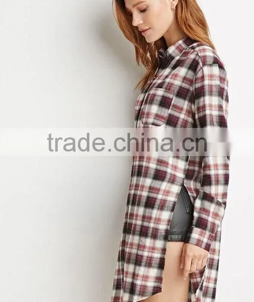 New Style Woman Plaid Shirt Slim Fit Ladies Extra Long Shirt Flannel Shirt photo-2