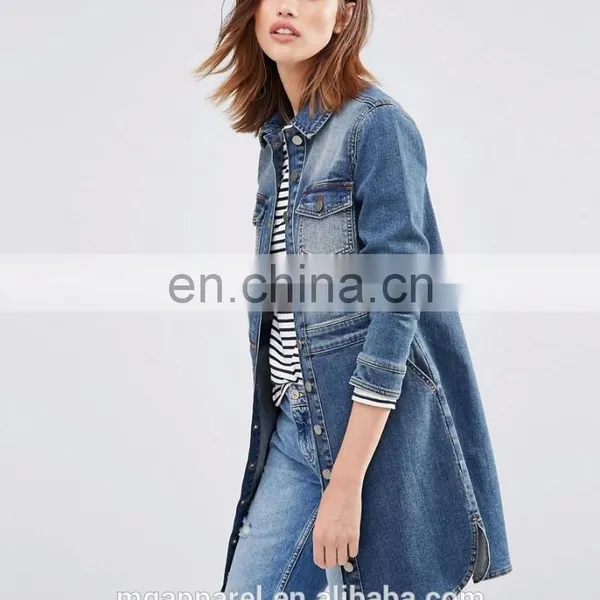 Stretch Denim Fabric Women Blue Long Jean Jacket Wholesale photo-2
