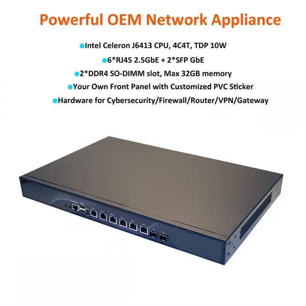 Network Appliance J6413 4 Cores CPU 6 RJ45 2.5Gbe LAN 2 SFP 1U Rack Mount Firewall PC for Cybersecurity