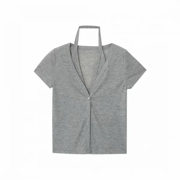 2025 New Women's Clothing French Fashion Hanging Neck Collar Double Layered V-neck Stacked Wear Show Thin Short Sleeve T photo-3