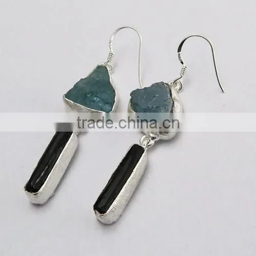 New Style Rough Aquamarine & Black Onyx 925 Sterling Silver Earring, 925 Stamped Silver Jewelry, Buy Silver Jewelry photo-3