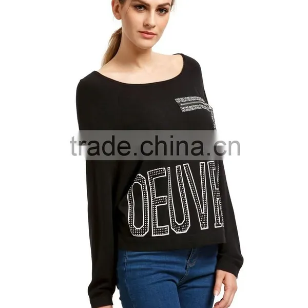New Arrival Black Loose Style Batwing Sleeve Rhinestones Sweater