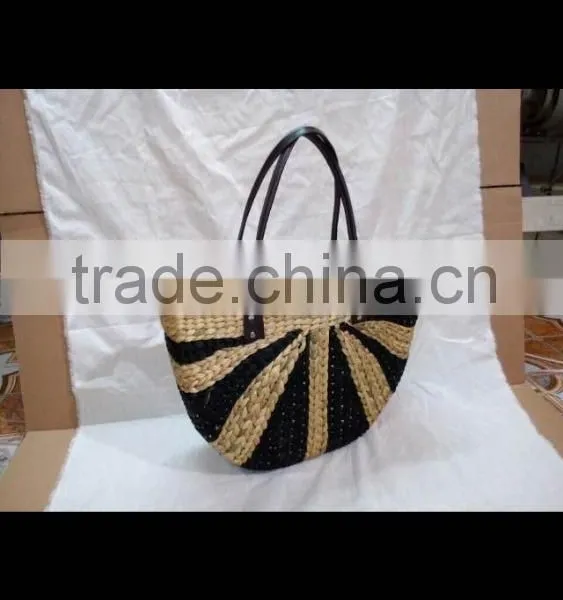 High Quality Best Selling Natural and Black Water Hyancinth Bag With Leather Handle From Vietnam