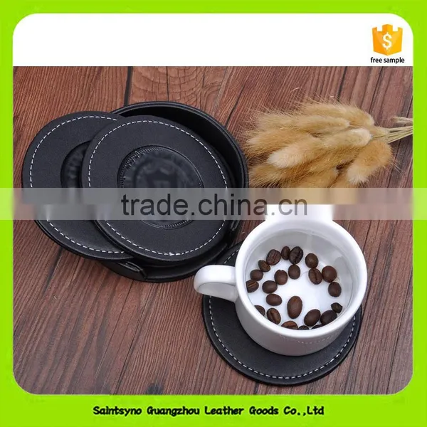 16016 Eco-friendly Leather Black Round Shape Leather/PU Drink Coaster photo-6