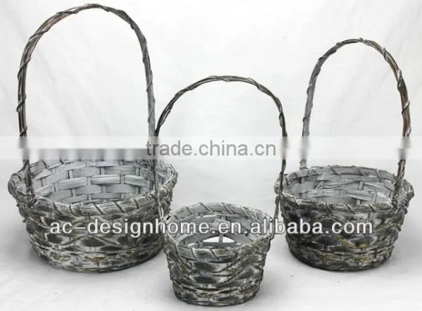 S/3 BLACK WASH ROUND BAMBOO CHIP BASKET W/HANDLE
