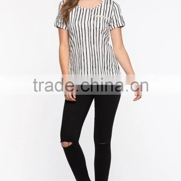 Best Selling High Quality Ladies Vertical Stripe t Shirt photo-4