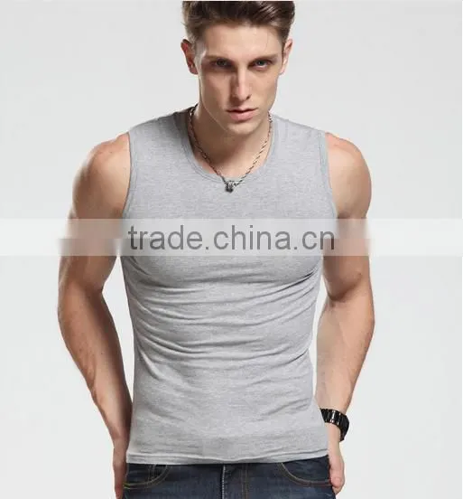 2016 Men's Wide Shoulder 100% Cotton Vest Sleeveless Fitness Elastic Tank Top Male Vest Factory Sale