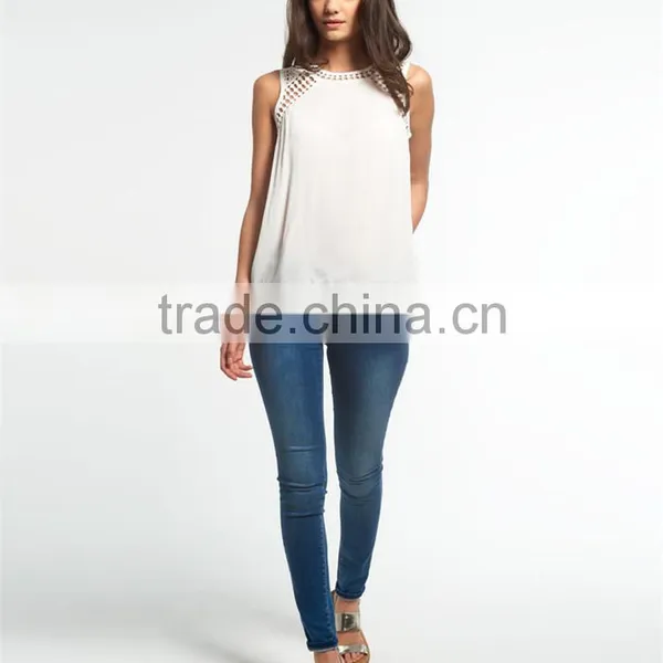 Guangzhou Shandao Supplier Latest Model Casual New Design Sleeveless Net Collar White Chiffon Women Top 2015 photo-3
