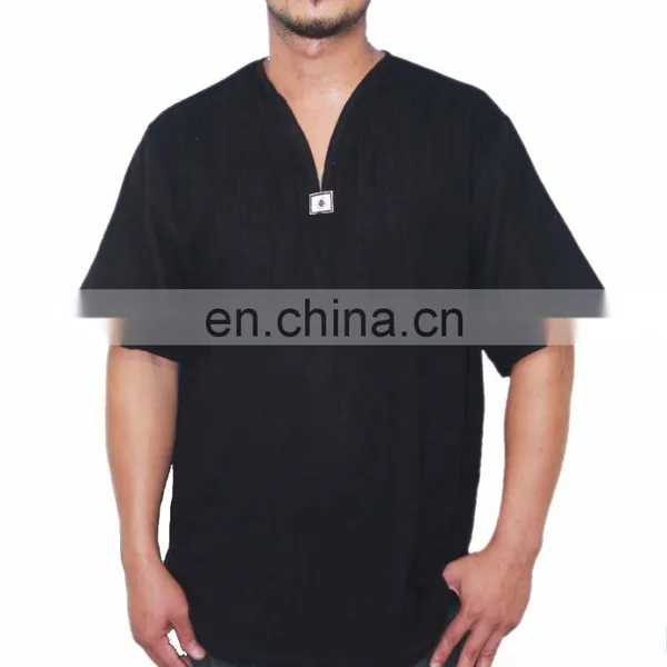 Men's V-Neck T-Shirt 100% Cotton Thai Hippie Shirt Beach Yoga Top photo-3
