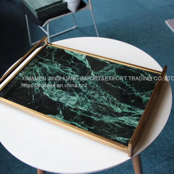 Marble Tray Handle Decoration Tray Green With Gold After-sale Grade a C0030 Customized Shape Customized Sizes