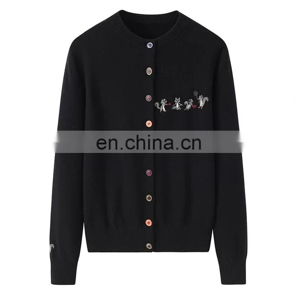 Custom 100% Cashmere Women's Button Knitted Cardigan New Casual Logo Design Crew Neck Single Breasted Closure Animal Winter photo-3