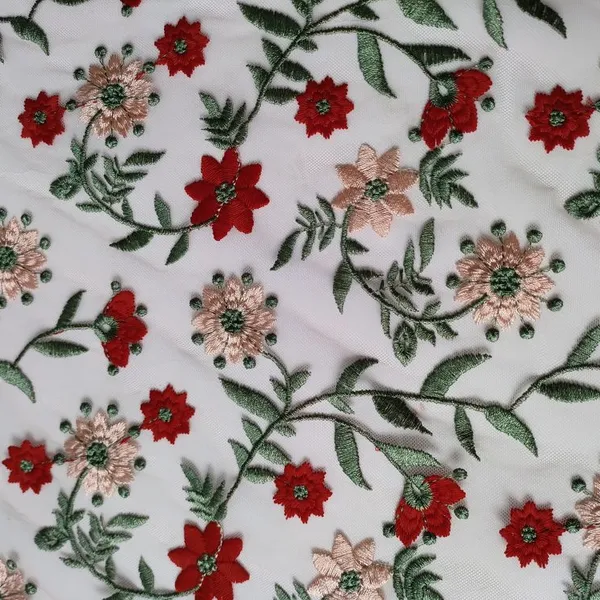 XF6056 Floral Embroidered Fabric Colorful Plants Tulle Embroidery Fabric photo-3
