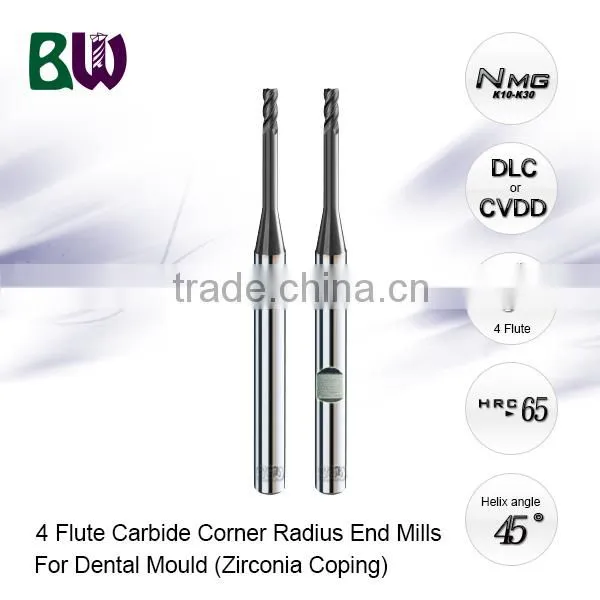 4 Flute Carbide Corner Radius Milling Cutter With DLC Coating For ZrO2