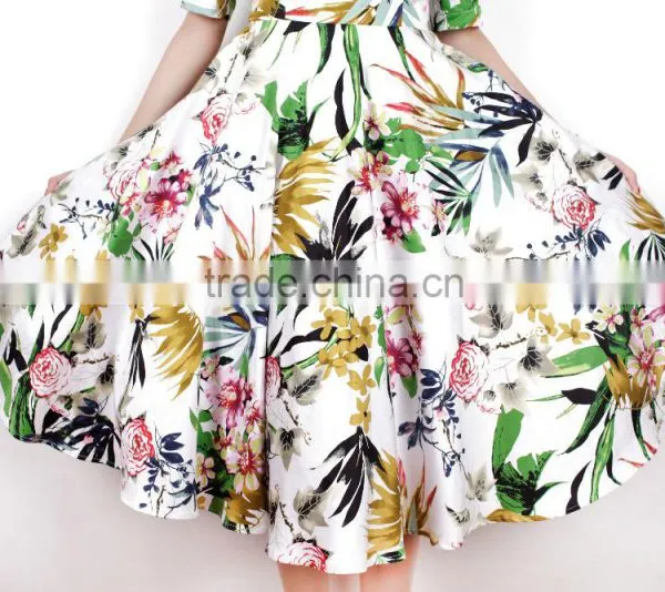 New Midi Half Sleeve Boat Neckline Peony Printed Cotton Flared Vintage Dress 50s photo-3