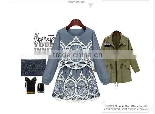 2015 Fashion High Quality New Arrival Hot Sale New Ladies Denim Hollow Out Dress Crochet Lace Pattern Denim Dress photo-3