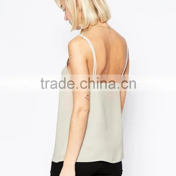 New Fashion Womens Fitness V-neck Backless Woven Cami Tops With Double Straps photo-2