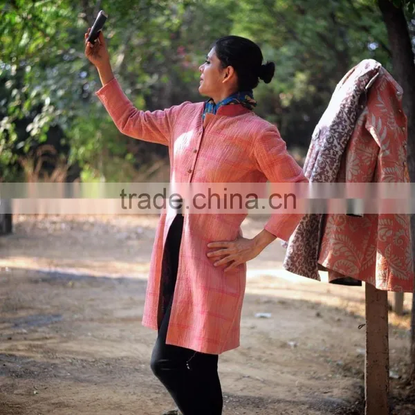 Vintage Kantha Long Accent Jacket in Beautiful Vintage Pink With a Saree Border Collar ~ Large photo-2