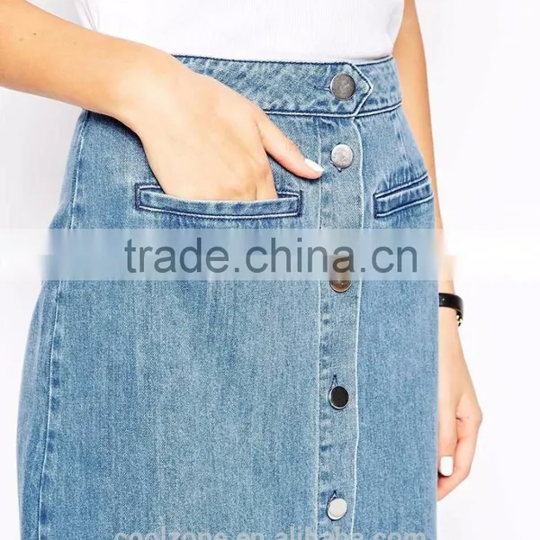 New Arrival Button Front Ladies Denim Skirt Wholesale Jean Maxi Skirts 2015 photo-5