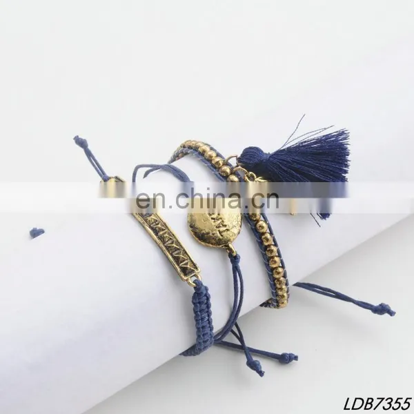 Adjustable Knot Handmade Multistrand Seed Bead Alloy Pendant Letters Bar Bracelets Wax String Weave Bracelet photo-5