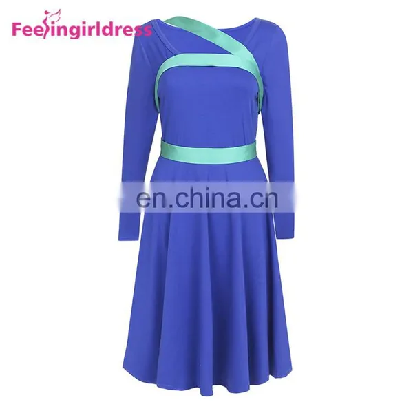 Free Shipping Soft Women Blue Long Sleeve Midi Casual Office Dress Elegant photo-2