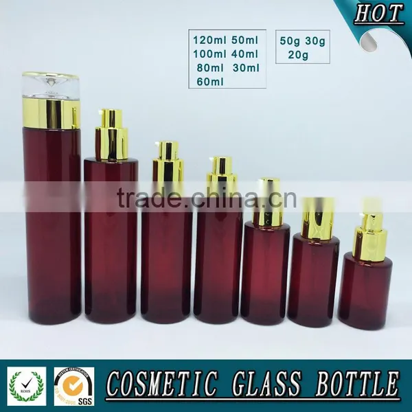 Cylinder RED Coloured Glass Cosmetics Bottles and Face Cream Jars photo-3
