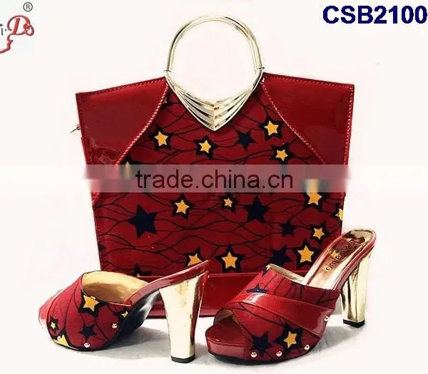CSB2100 New Coming Hot Sale Fantastic Adorable Design Yellow Red Set High Heel Casual Slippers Shoes Matching Bag Set photo-4