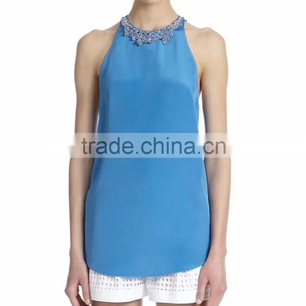 2015 Women's Summer Halter Neck With Beaded Design Royale Blue Chiffon Tops SYA15317