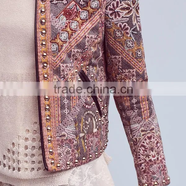 European Autumn Woman Metal Studded Print Cropped Jacket for Woman photo-4