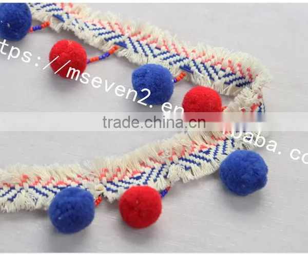 Newest Arrival Colorful 6.5cm Width Handmade Cotton Pom Pom Lace Trims photo-5