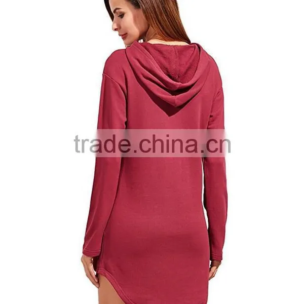 US Vintage Hoodie Sweatshirts Womens Red Solid Curved Hem Blank Custom Slim Fit Sexy French Terry Cloth Hoodie Dress photo-3