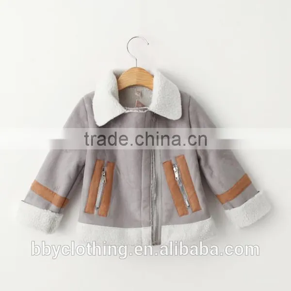 British Style White Plush Lining Suede Turn-down Collar Children Winter Jacket With Zipper photo-2