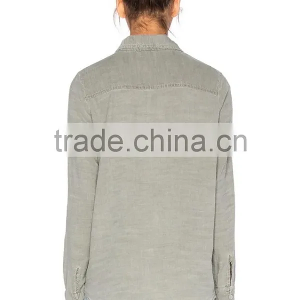 New Style Autumn Women Army Olive Grey Twill Shirt Factory Price photo-3