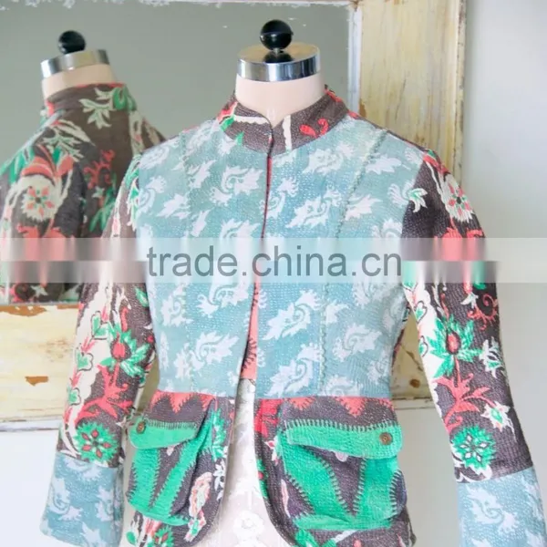 Vintage Kantha Jacket in Dirty Green & Brown ~ Small photo-3