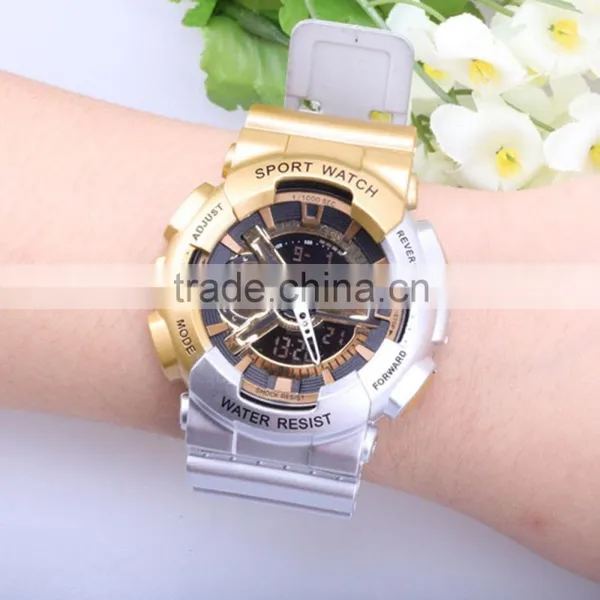 Sanda Men's Teens Sports Watch Water Shock Resist Dual Time Analog Digital LED Light Wristwatch - Gold/Silver photo-6