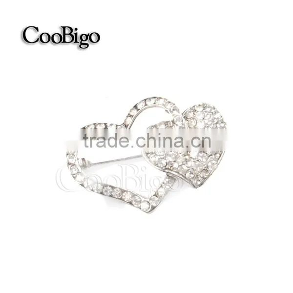Fashion Jewelry Rhinestone Silver Double Heart Brooch Lady Girls Dresses Hijab Scarf Party Gift Apparel Promotion Accessories photo-3