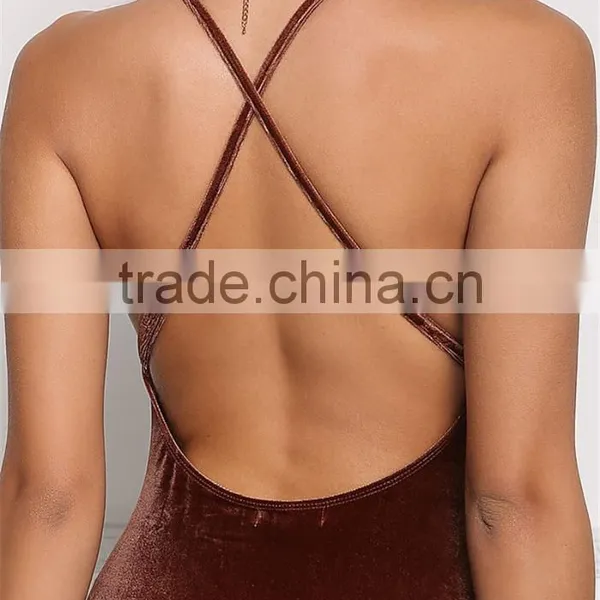 MGOO Fashion Factory Made Cross Strap Velvet Bodysuits Custom Deep V Neck Bloues Tops Sleeveless Custom photo-4