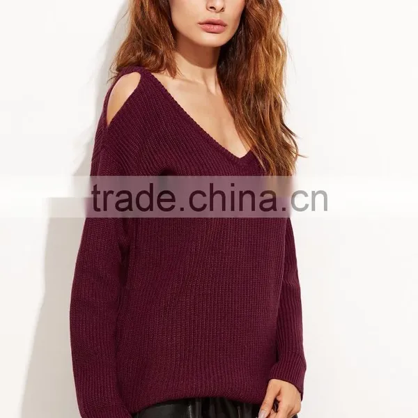 Custom V Neck Cold Shoulder Burgundy Sweater Cotton Polyester Blends Drop Shoulder Sweatshirt photo-3