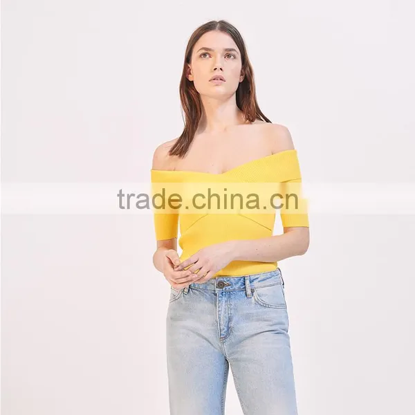 Elasticated Knit Crossover Shape V-neck Short Sleeves Strapless Tank photo-3