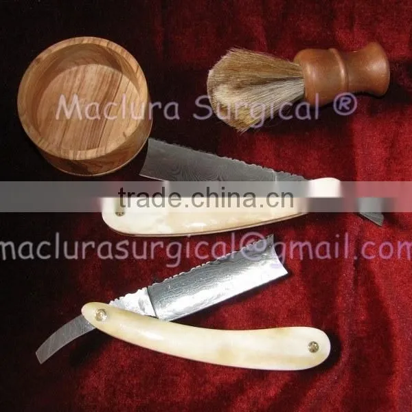 Professional Damascus Steel Barber Razor , Camel Bone Scale Damascus Razor photo-6