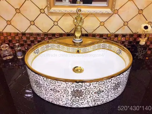 Chinese Bathroom Wash Oval Gold Plated Art Basin Ceramic High Quality Modern Countertop Art Wash Basin Sink in Hotel photo-4