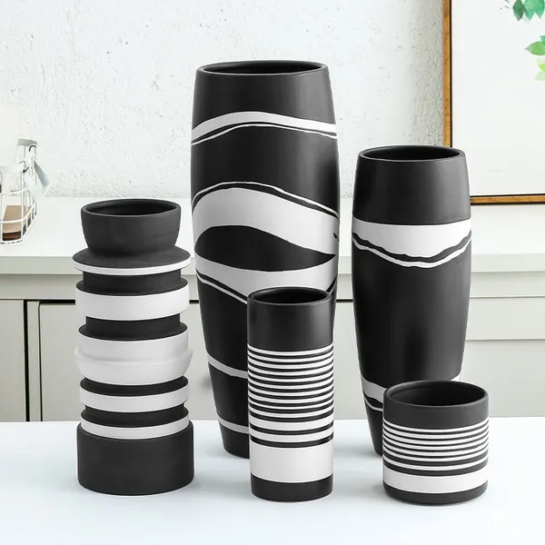 Retro Black Stripe Ceramic Vase Flower Arrangement Decoration For Living Room Model Room photo-2