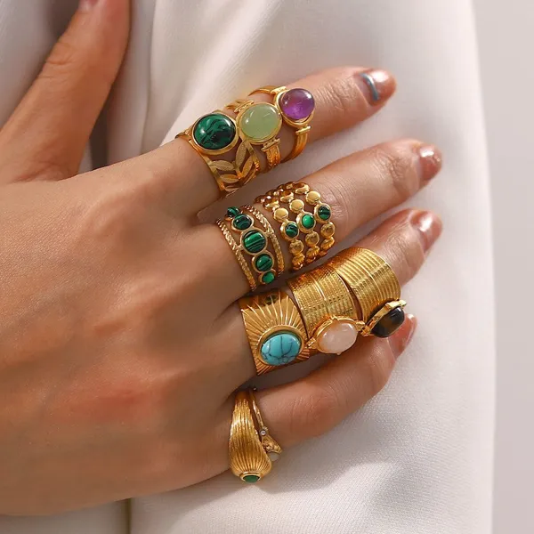 Vintage Gold Plated Gemstone Rings Set for Women Adjustable Stackable Boho Rings Stainless Steel Fashion Jewelry Wholesale
