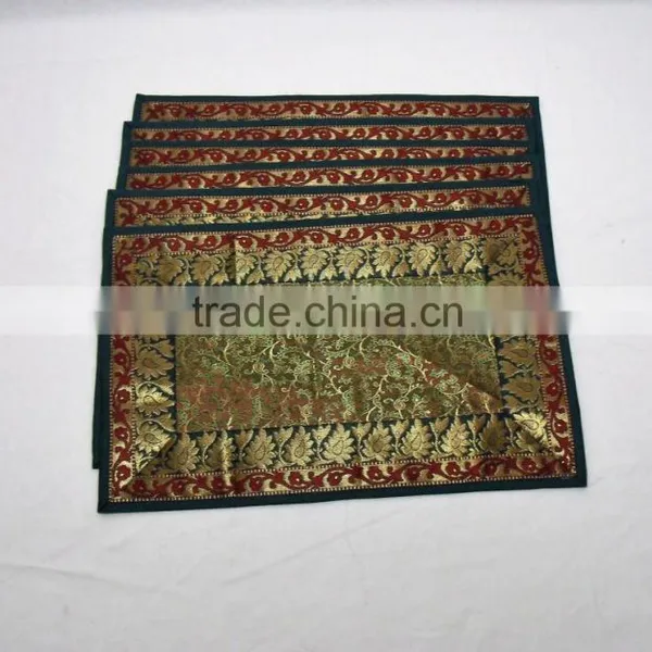 Placemats and Coaster in Green Color Indian Silk Table Runner photo-3