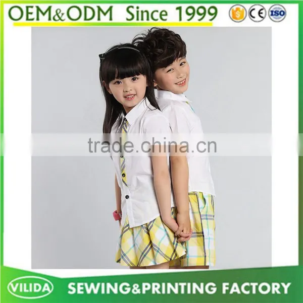 Hot Selling Kindergarten Uniform New Fashion Primary School Uniform White Shirt and Yellow Checked Shorts or Skirt photo-5